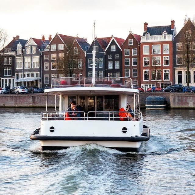 Midweek cruise to Amsterdam: modern ferry approaching Amsterdam canals, city houses in background, calm weekday afternoon light, realistic photo