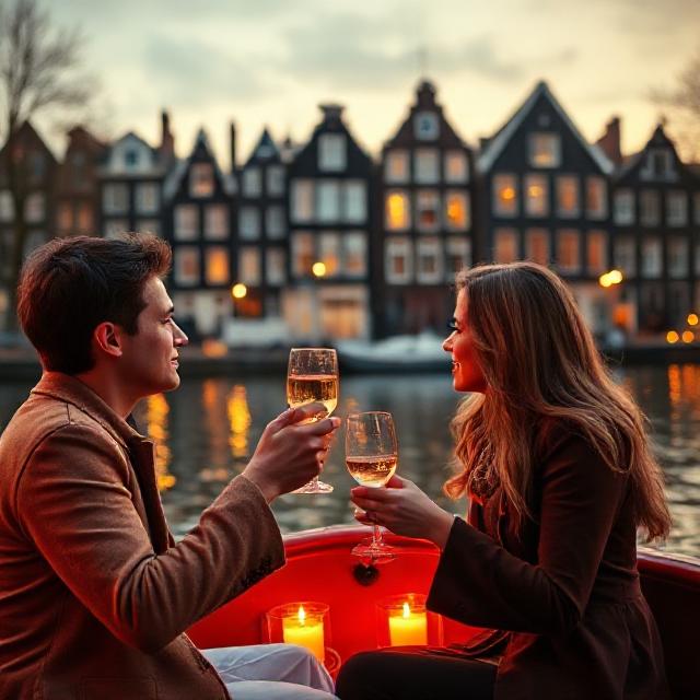 Romantic evening canal cruise in Amsterdam at dusk: couple clinking glasses on a candlelit boat, warm golden lights reflecting on the water, classic Dutch gabled houses, tasteful and non-identifiable faces, realistic photo
