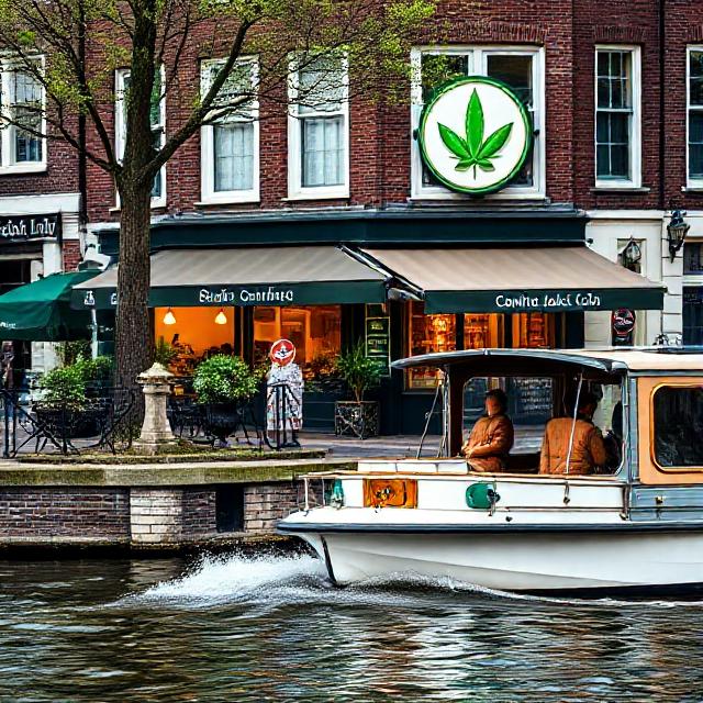 Cannabis cruise theme: Amsterdam canal boat gliding by a cannabis coffeeshop sign with a subtle green leaf icon, street scene at daytime, tasteful and non-explicit, realistic photo